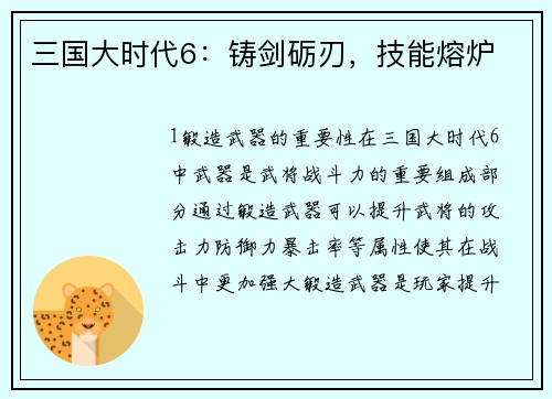 三国大时代6：铸剑砺刃，技能熔炉